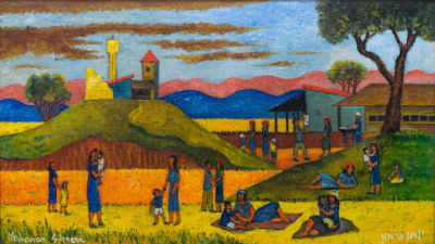 יוחנן סימון, בקיבוץ. שמן על מזוניט 
חתום בעברית (ימין למטה) וחתום שנית בלועזית (שמאל למטה). 