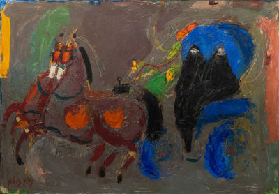 נחום גוטמן, כרכרה. שמן על קרטון עבה מוצמד לבד 
חתום (שמאל למטה). 
50.5X35.5 ס"מ מצב: לפירוט מצב 