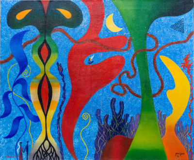 יוחנן סימון, צמחיה פראית. שמן על בד 
1973 
חתום בעברית ומתוארך 73 (ימין למטה), חתום שנית בלועזית 