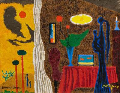 יוחנן סימון, פנים עם חלון פתוח. שמן על בד 
חתום בעברית (ימין למטה) וחתום שנית בלועזית (שמאל 