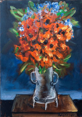 יוסל ברגנר, פרחים באדום וכחול. שמן על בד 
חתום (ימין למטה), חתום שנית ונושא כותרת (מאחור). 