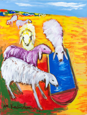 מנשה קדישמן, שוקת כבשים. אקריליק על בד 
1989 
חתום (שמאל למטה), חתום שנית, מוקדש ומתוארך 