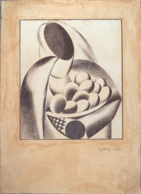 ניקולאי סואטין (Nikolai Mikhaylovich Suetin 1897-1954), טבע דומם קוביסטי. עפרונות צבעוניים וגיר 