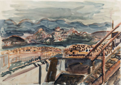 יוסף זריצקי, רמת גן. אקוורל על נייר 
1940 בקירוב 
חתום (שמאל למטה). 
53X73.5 ס"מ מצב: לפירוט מצב 