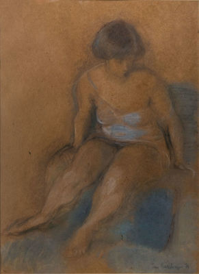 יאן ראוכוורגר, דמות אישה יושבת. פסטל על נייר 
1976 
חתום ומתוארך (ימין למטה). 
73X55 ס"מ מצב: 