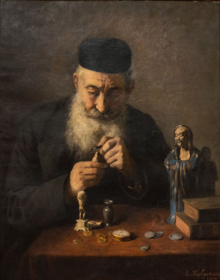 אי בלמן (E. Belman), השען היהודי. שמן על בד 
1889 
100X80 ס"מ 
חתום ומתוארך 1889 (ימין למטה). 