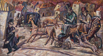 פאבל פילונוב (Pavel Filonov 1883-1941), סצנת רחוב. שמן על בד מונח על קרטון 
27X49 ס"מ 
הערות: 