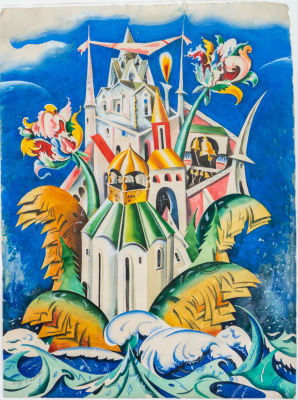 סרגיי צ'חונין (1878-1936 Sergey Chekhonin) הכנה לתפוערת במה. גואש ואקוורל על נייר 
60 45X ס"מ 