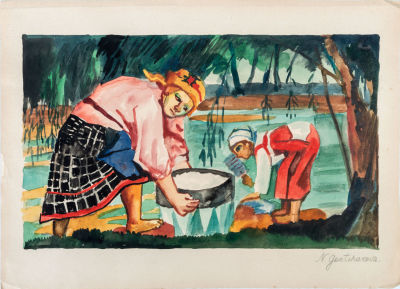 נטליה גונצ'רובה (1881-1962 Natalia Goncharova), Deux Paysannes. אקוורל על נייר 
1910-11 