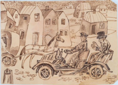 פאבל פילונוב (Pavel Filonov 1883-1941), במכונית. דיו, אקוורל ועפרון על נייר 
16.3X12.4 ס"מ 