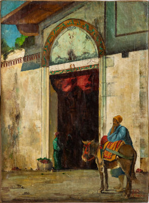 אלברטו פסיני (Alberto Pasini 1826-1899), בקדמת המסגד. שמן על בד מוצמד לבד 
39x29 ס"מ 
חתום (ימין 