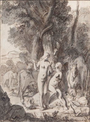 סלומן דה בריי (Salomon De Bray 1597-1664), אדם וחווה בגן עדן. דיו ואקוורל על נייר 
1651 