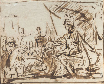 ניקולאס מאהס (Nicolaes Maes 1634-1693), סצנה תנכית. דיו חום ואקוורל על נייר צהבהב מוצמד לנייר 