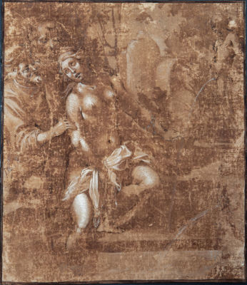 חאניבל קראצ'י (Annibale Carracci 1560–1609), סוזנה והחכמים. עט חום מודגש בלבן על נייר חום מוצמד 