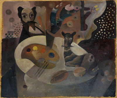 אסכולה גרמנית 1920, האמן עם לוח צבעים. שמן על קרטון 
30X26 ס"מ מצב: לפירוט מצב, אנא לשלוח מייל ל 