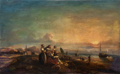 ז'ול נואל (Jules Achille Noel 1810/15-1881), עלמה מציירת על חוף נורמנדי. שמן על בד 
40X65 ס"מ 