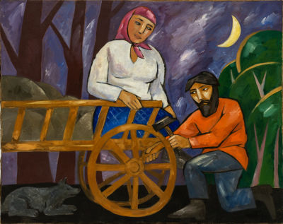 נטליה גונצ'רובה (Natalia Goncharova 1881-1962), La Reparation de la Charrette. שמן על בד 
77X98 