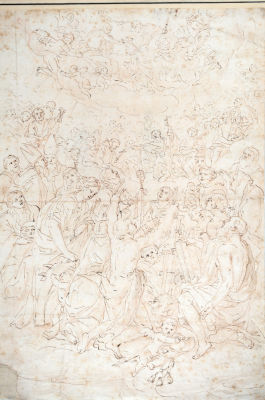 אסכולה גרמנית, המאה ה-17, מרים הבתולה מלכת המרומים. דיו חום על נייר 
40X26.8 ס"מ 
חתימת דיו 