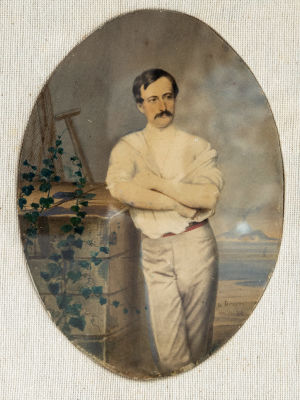 ג'אקומו פאוורטו (Giacomo Favtretto 1849-1887), דיוקן עצמי. אקוורל וגואש על קרטון 
1887
15X10 ס"מ 