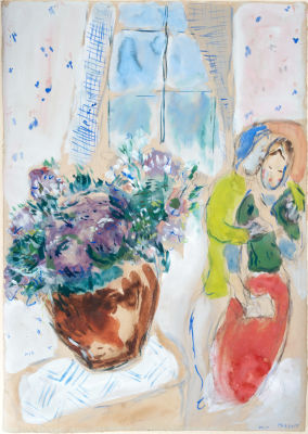 מארק שאגאל (Marc Chagall 1887-1985), נאהבים. אקוורל, גואש ועיפרון על נייר FABRINO כחול (לפי סימן 