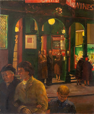 רסקין ספירס ( 1911-1990 Ruskin Spears), מחוץ למסעדת סילברגריד. שמן על קרטון עבה
1957 
92X75.5 