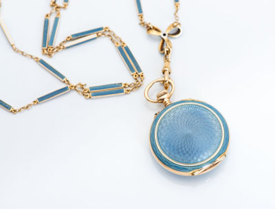 שעון כיס איכותי לאישה מזהב 18 קראט ואמייל גיושה, James Ballantine and Sons, סקוטלנד, גלזגו 