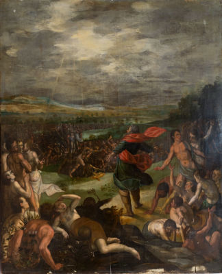 אסכולה פלמית (המאה ה-16), משה מוביל את בני ישראל דרך ים סוף. שמן על בד 
נושא חותמת אוסף ואקס 