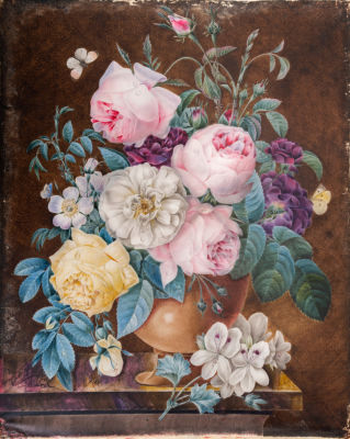 פייר ג'וזף רדוט (Pierre-Joseph Redoute 1759-1840), טבע דומם עם פרחים. אקוורל על קלף מוצמד לקרטון 