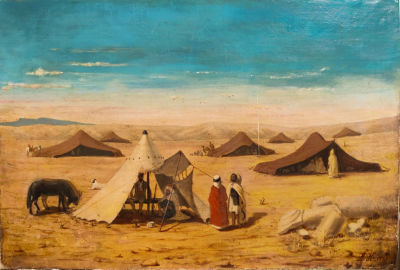 לאויס האג ( 1806-1885 Louis Haghe), בדואים במדבר. שמן על בד 
1880 
חתום בראשי תיבות ונתוארך 1880 