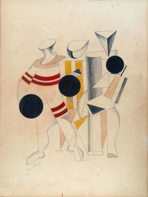 אליעזר ליסיצקי (El Lissitzky 1890 -1941), דמויות קוביסטיות. עפרון אקוורל וגואש על נייר 
חתום 