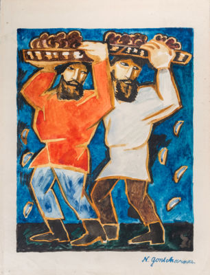 נטליה גונצ'רובה (Natalia Goncharova 1881-1962), Les Porteurs. אקוורל על נייר 
1911 
חתום (ימין 