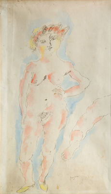 ז'ול פסקן (Jules Pascin 1885-1930), עירום - ציור דו צדדי. צד א': אקוורל על נייר. חותמת העיזבון 