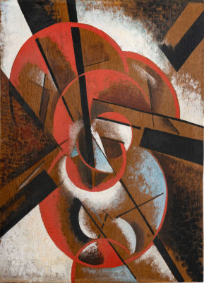 ליובוב פופובה (Lyubov Popova 1889-1924), קומפוזיציה . שמן על עץ 
1920-1 
חתום בקירילית (מאחור). 