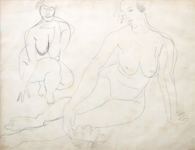 אנדרה דרן (Andre Derain 1880-1954), עירום זוג נשים. עפרון על נייר 
נושא חותמת העיזבון (ימין 