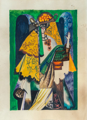 נטליה גונצ'רובה (Natalia Goncharova 1881-1962), La Marchande d'Oranges. גואש על נייר 
31.1X23.2 