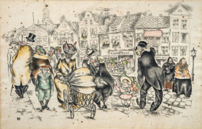 שלום סבא (1897-1975), עיירה קטנה בפרוסיה. ליטוגרפיה בצבע 
1923 
חתום בעפרון (ימין למטה). 
57X39 