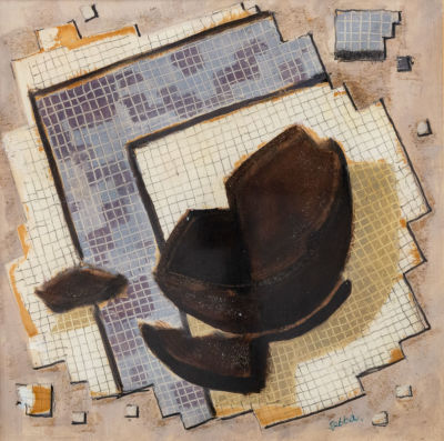 שלום סבא, (1897-1975) ארכיאולוגיה. טמפרה וחול על נייר 
1944 בקירוב 
חתום (ימין למטה). 
20X20 ס"מ 