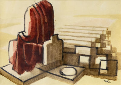 שלום סבא, (1897-1975) ארכיאולוגיה. טמפרה וחול על נייר 
1944 בקירוב 
חתום (ימין למטה). 
15X21 ס"מ 