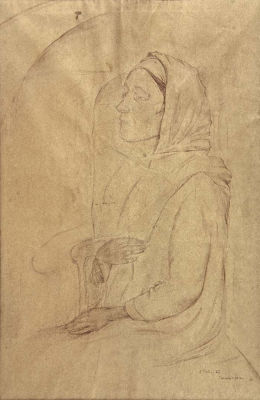 אנה טיכו, אישה בירושלים. עפרונות צבעוניים ופנדה על נייר מטופל 
1929 
חתום, מתוארך 29 ונושא כיתוב 