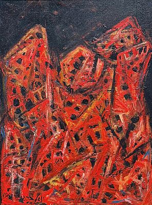 Yosl Bergner (1920-2017), "Torn Angel". Oil on canvas 
Titled on the back "Torn Angel" 
Dated 