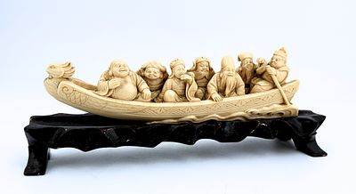 Okimono Figurine, Made of Organic Material, Depicting Fishermen on a Kayak, Late 19th to Early 
