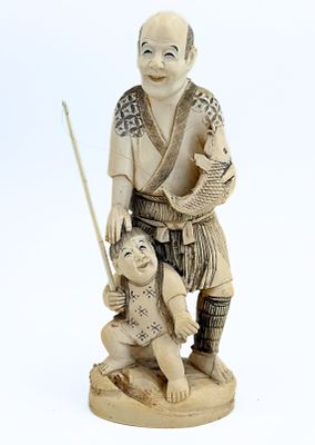Okimono Figurine, Made of Organic Material, Depicting a Fisherman and His Child, Late 19th to 