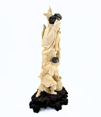 Okimono Figurine, Made of Organic Material, Depicting a Fisherman and His Child, Late 19th to 