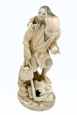 Okimono Figurine, Made of Organic Material, Depicting a Farmer with His Child, Late 19th to 