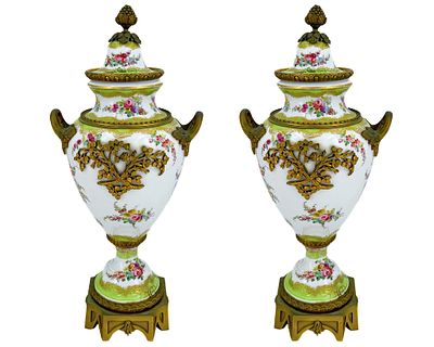 Pair of French porcelain covered vases, 19th century. Porcelain, floral decoration, gilt bronze