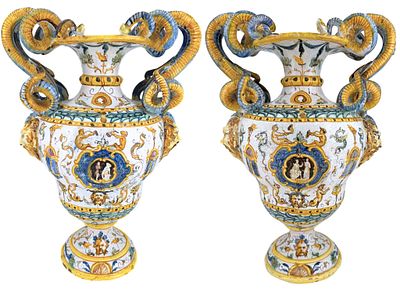Pair of Maiolica Jars in Polychrome Porcelain, Renaissance Style, Italy, 19th Century
. Raised
