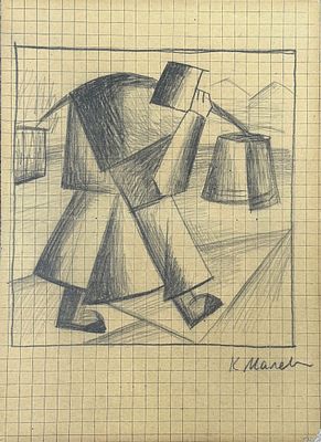 Kazimir Malevich (1879–1935)
Male Figure Carrying Two Buckets, Composed of Bold Geometric Forms