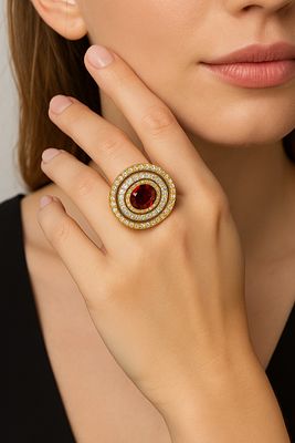 14K Yellow and White Gold Ruby Ring. Designed as ellipses combining yellow and white gold, with