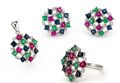 14K White Gold Set: Pair of Earrings, Pendant, and Ring. Set with Tanzanian sapphire stones