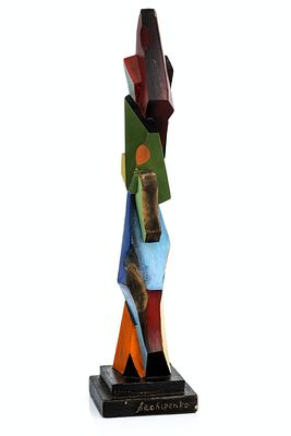 Wooden sculpture by Alexander Archipenko (1887–1964), signed. Decorated with colorful geometric 